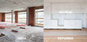 Muestra una comparativa entre el estado inicial de una construcción y su posterior fase de reforma interior.
