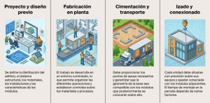Las cuatro fases esenciales de la construcción modular: diseño, fabricación en fábrica, cimentación con transporte e izado.