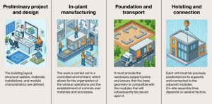 Las cuatro fases esenciales de la construcción modular en inglés.