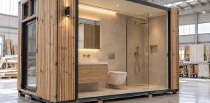 Módulo de baño prefabricado totalmente equipado, con acabados en madera y cerámica, listo para instalarse tras su fabricación industrial.