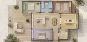 Plano de distribución arquitectónica en planta superior de una vivienda modular, diferenciando las estancias.