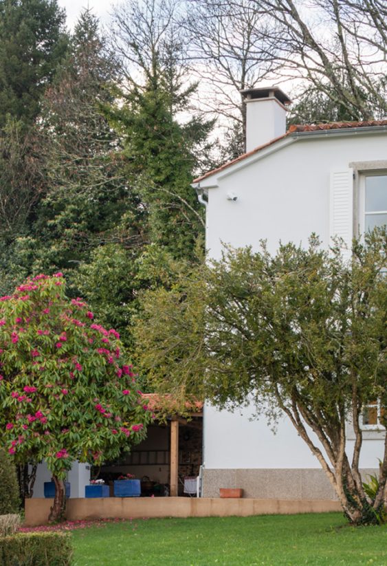 Fachada exterior de una casa blanca de dos plantas con jardín, horreo de piedra, camelias rosadas y árboles.